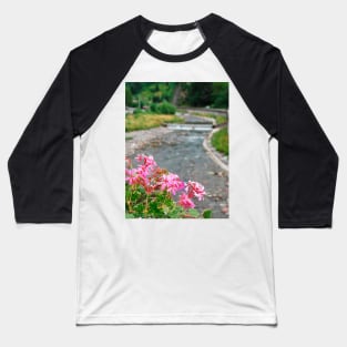 Pink Geraniums With Background River Baseball T-Shirt